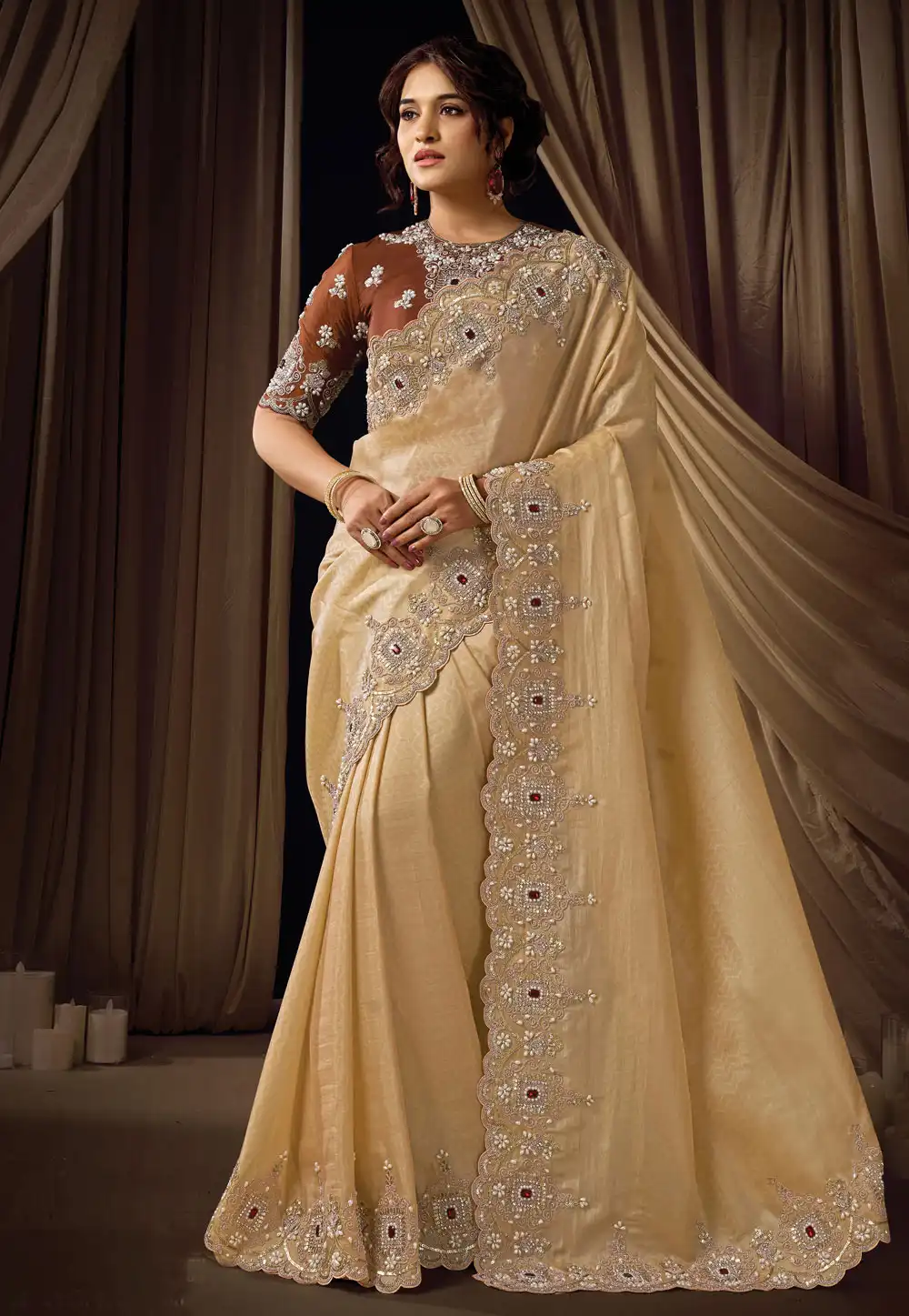 Fawn Jacquard Silk Saree With Blouse 325751
