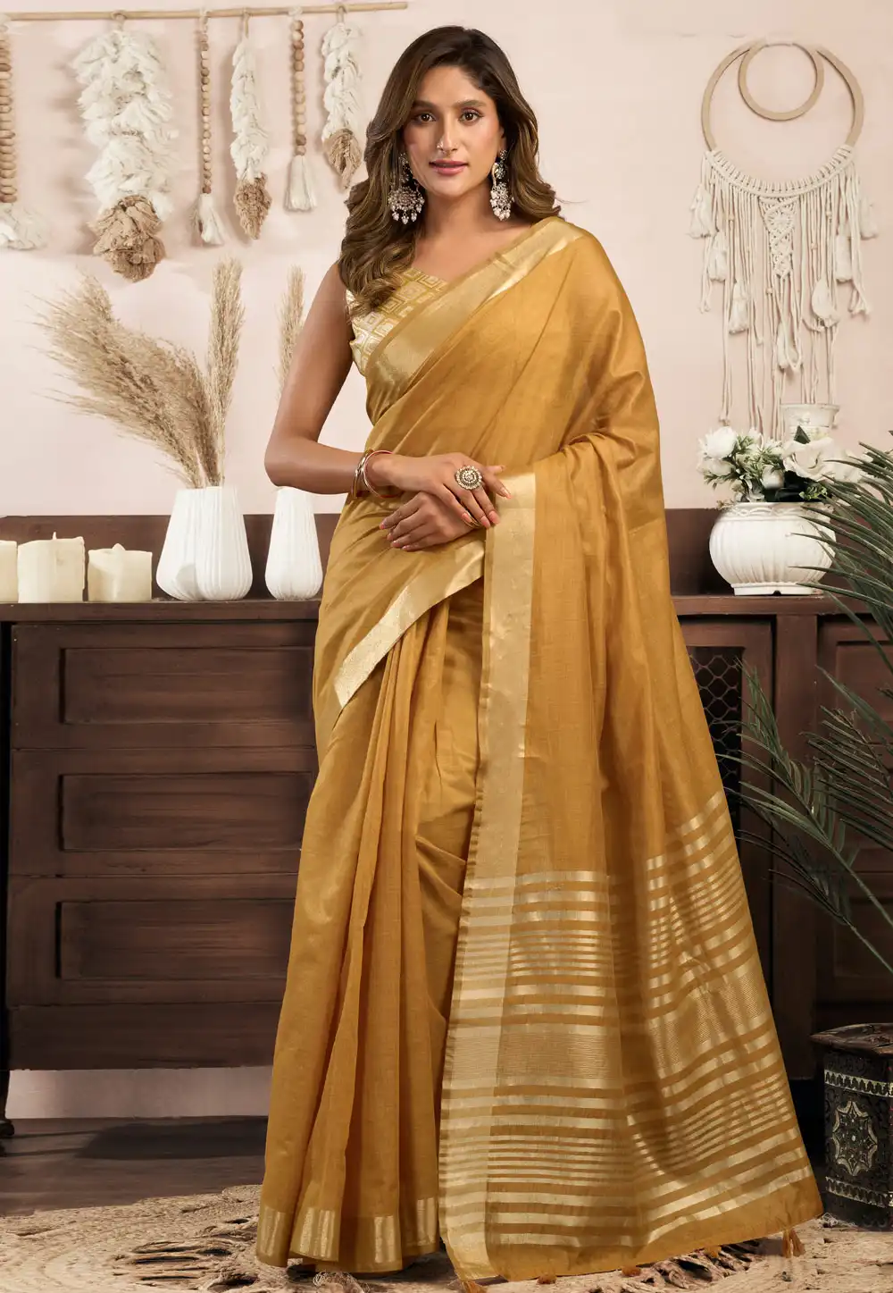 Fawn Khadi Cotton Saree With Blouse 321517