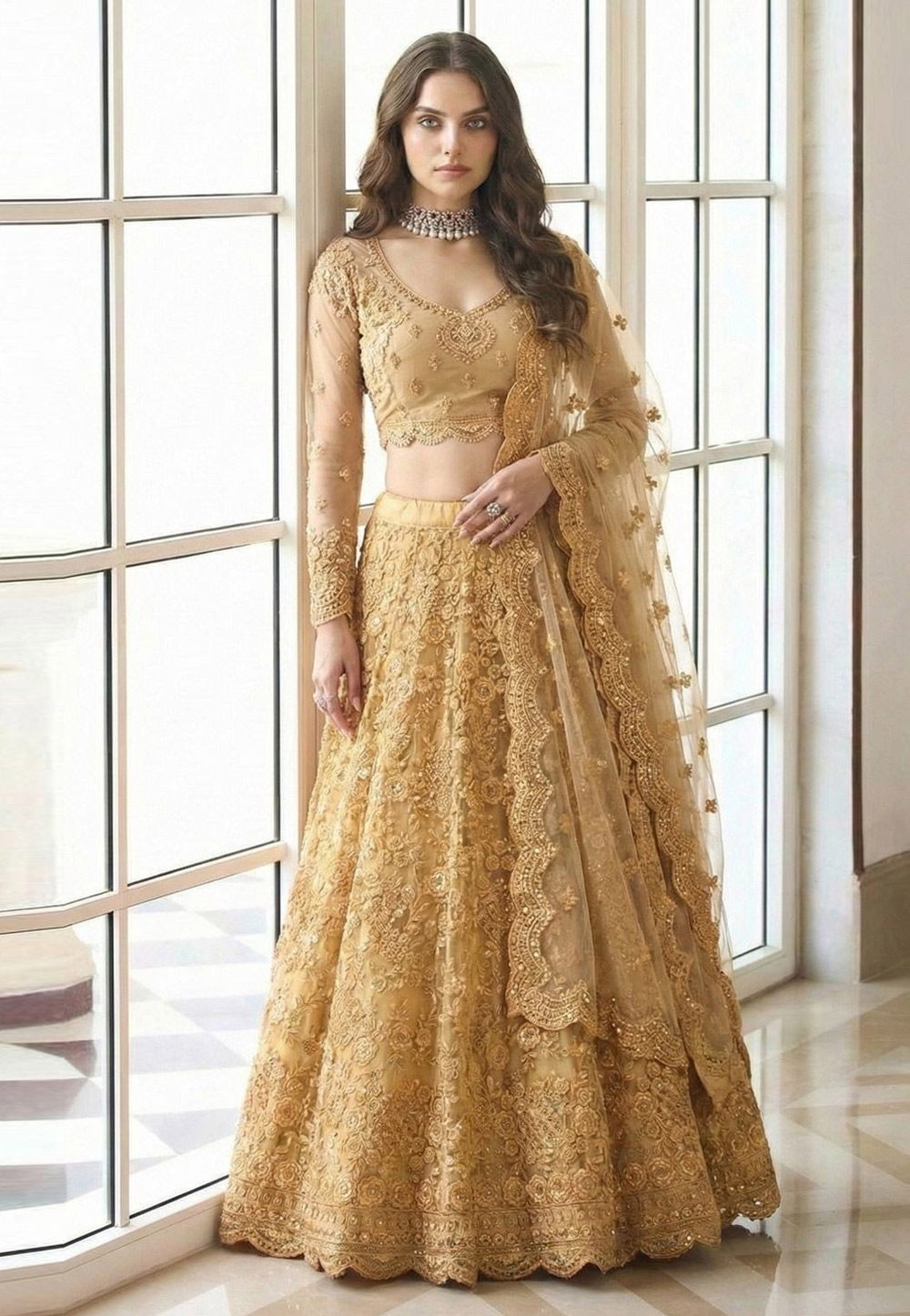 Fawn Net Lehenga Choli 322980