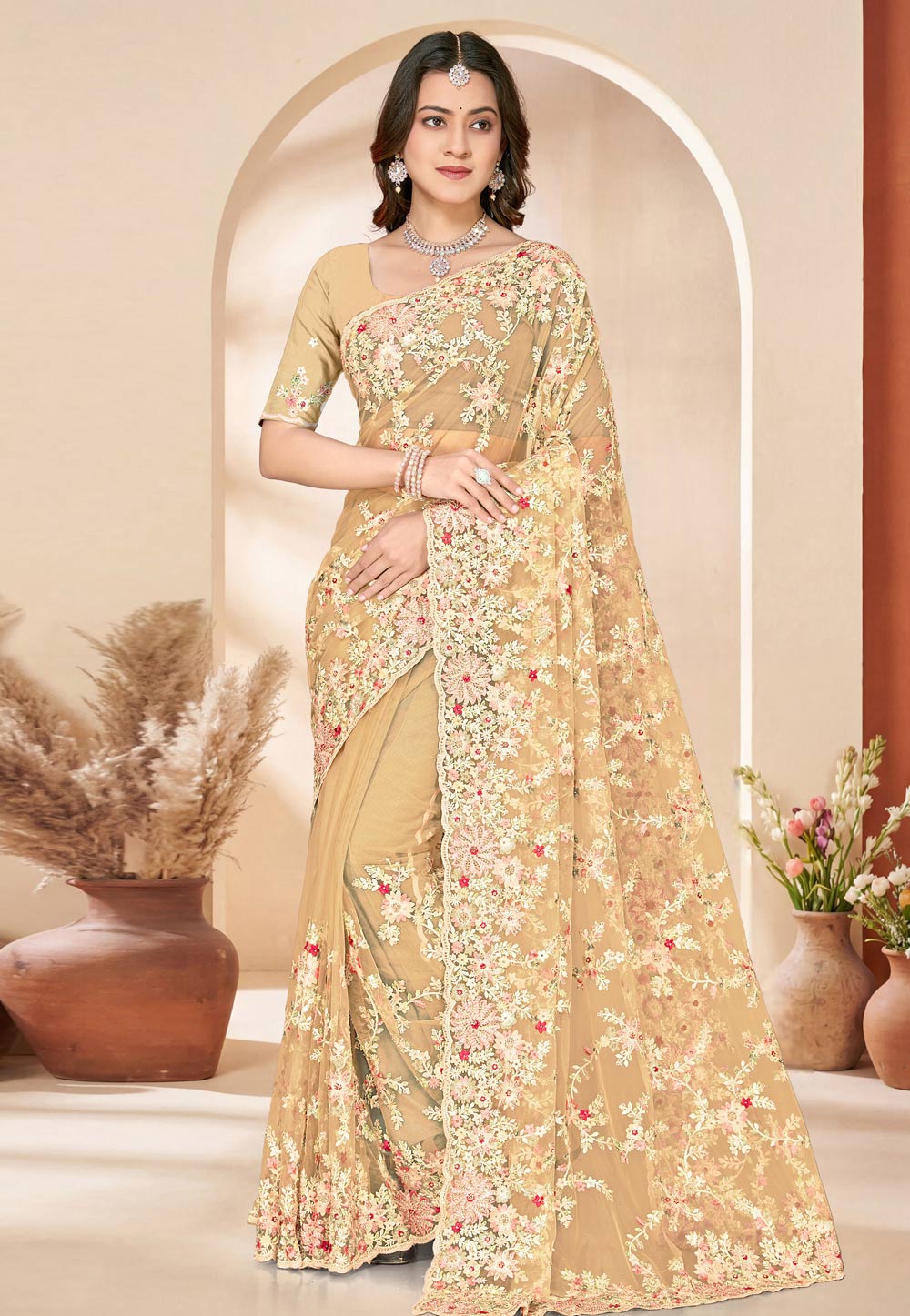 Fawn Net Saree With Blouse 325411