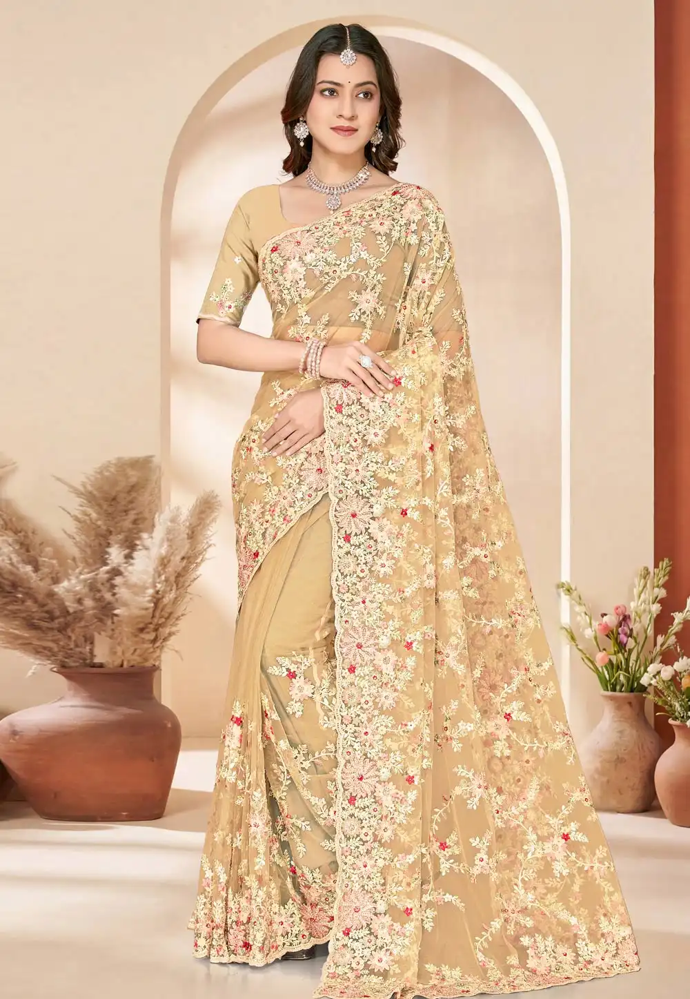 Fawn Net Saree With Blouse 325411