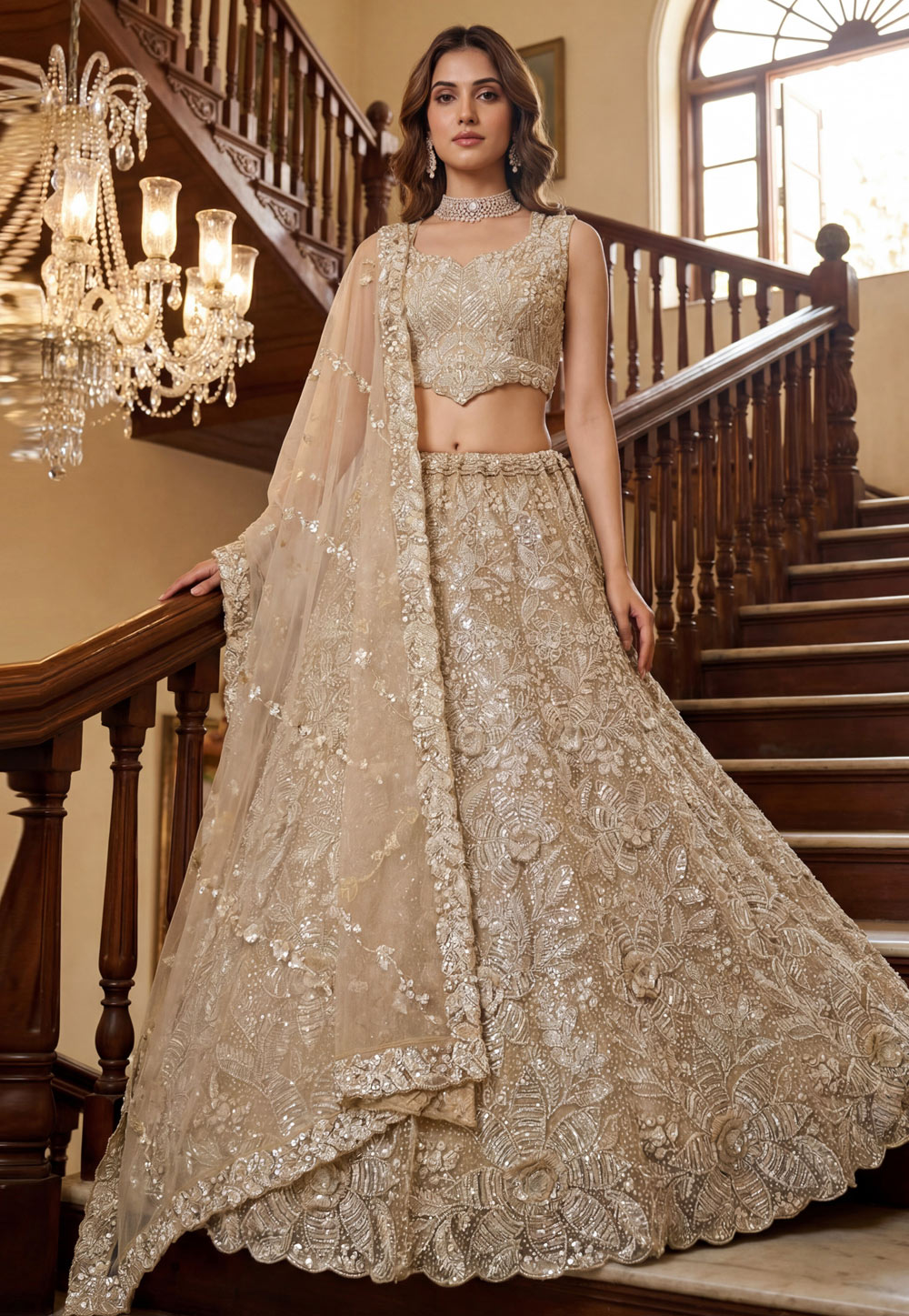 Fawn Net Wedding Lehenga Choli 324420