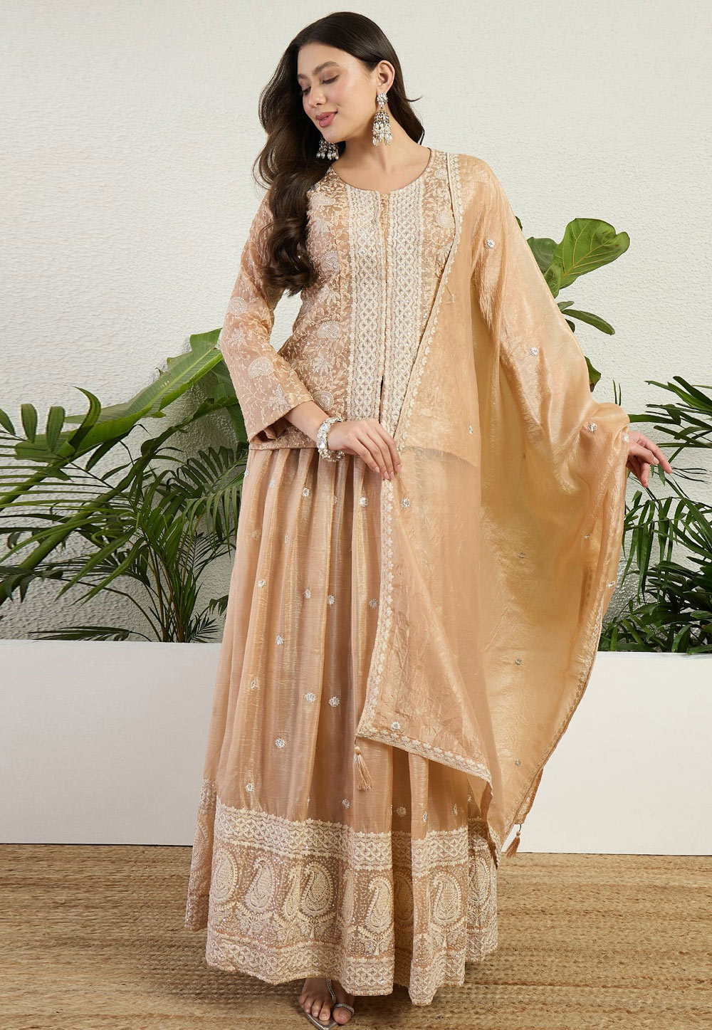 Fawn Organza Readymade Indo Western Lehenga Choli 327421