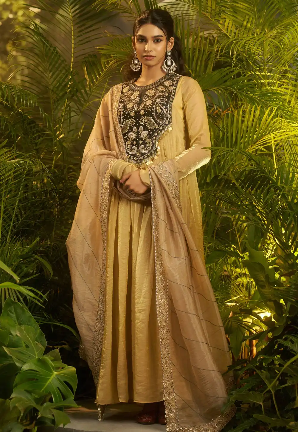 Fawn Organza Readymade Long Anarkali Suit 325571