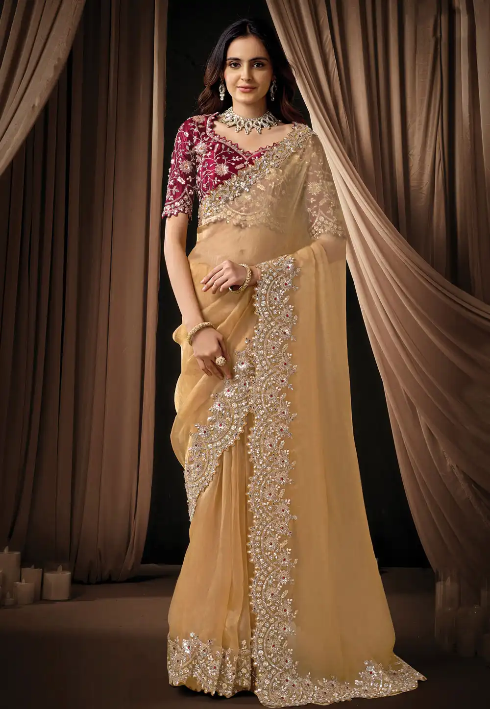 Fawn Organza Saree With Blouse 325746