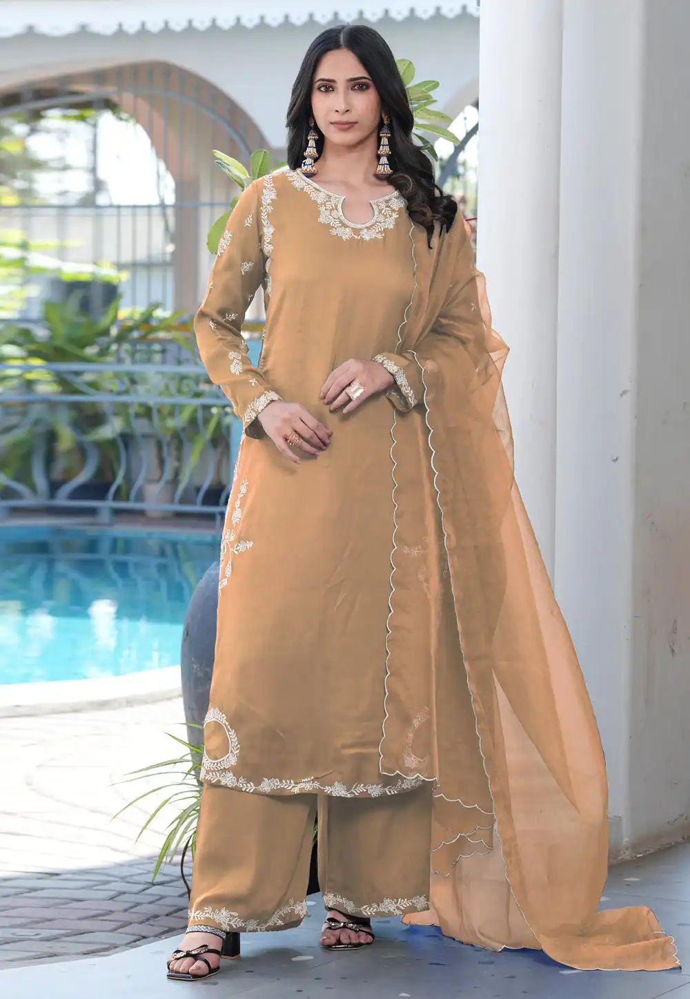 Fawn Satin Readymade Pakistani Suit 325022