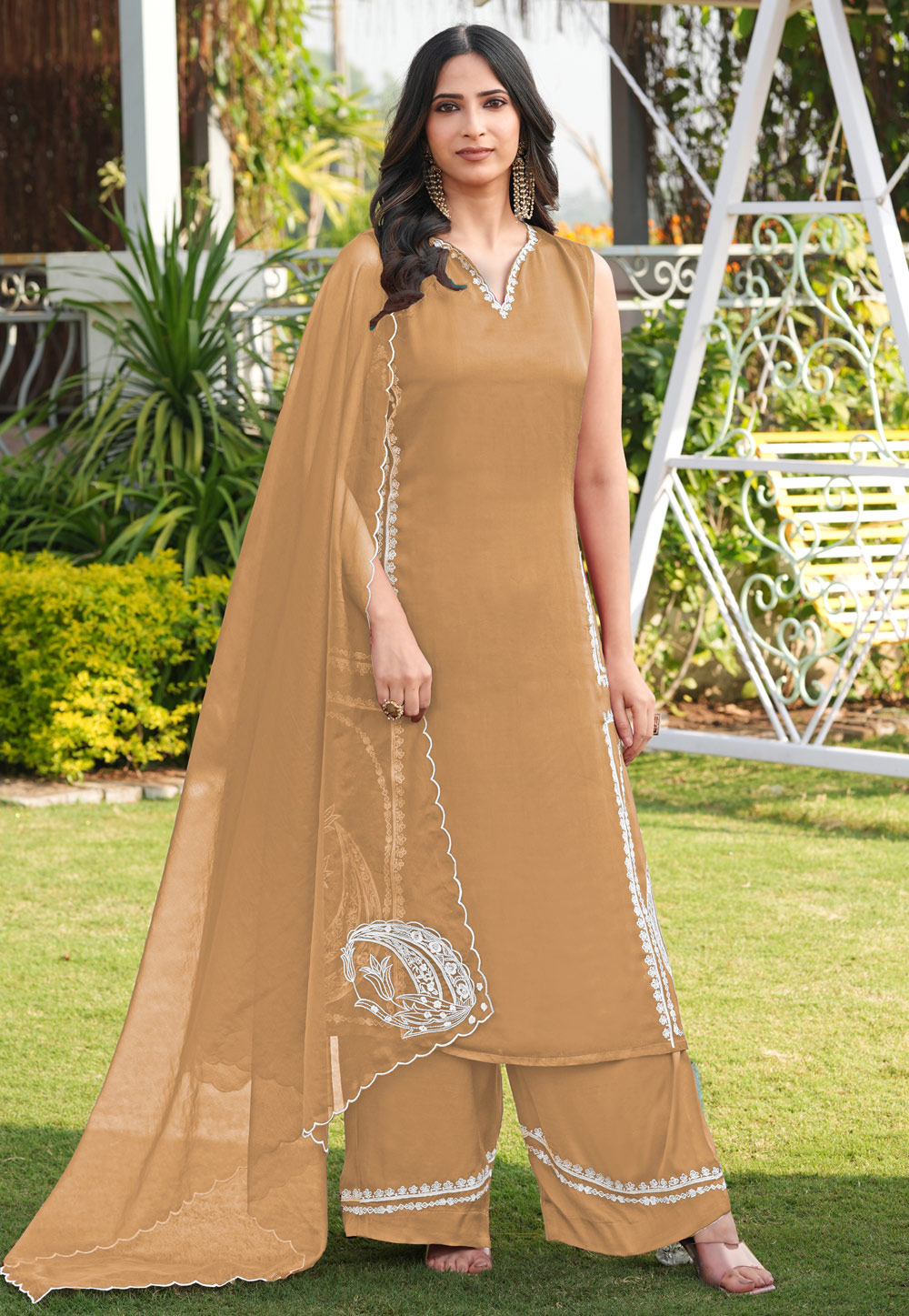 Fawn Satin Readymade Palazzo Suit 325054