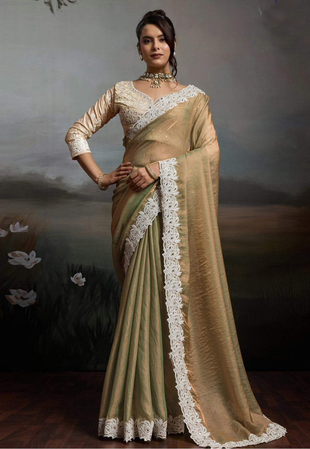 Fawn Satin Saree With Blouse 328056