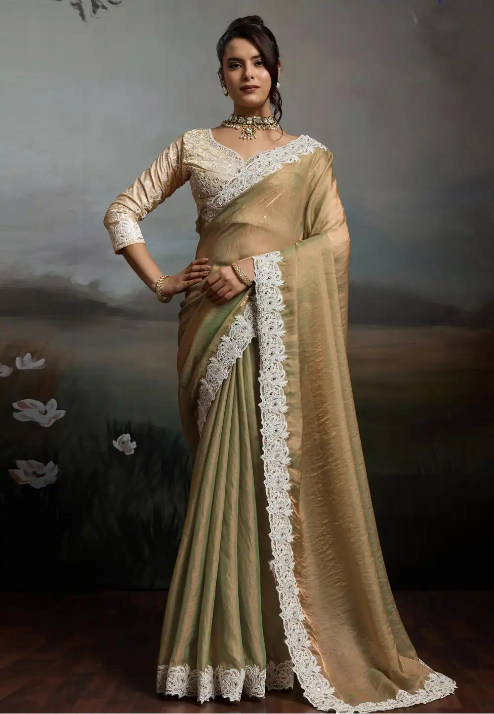 Fawn Satin Saree With Blouse 328056