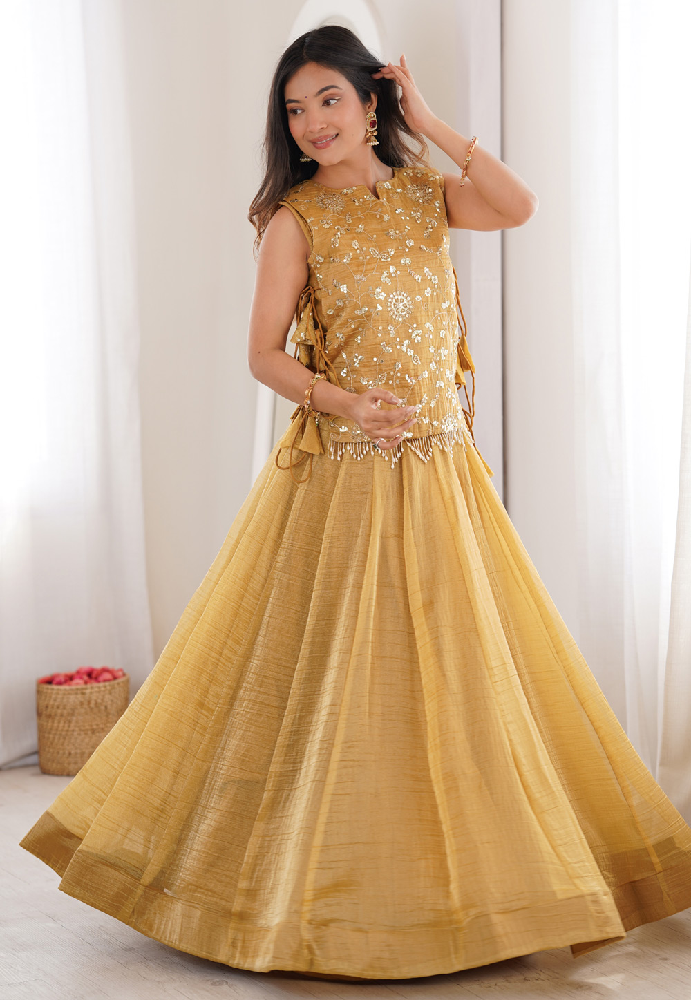Fawn Silk Readymade Indo Western Lehenga Choli 329796
