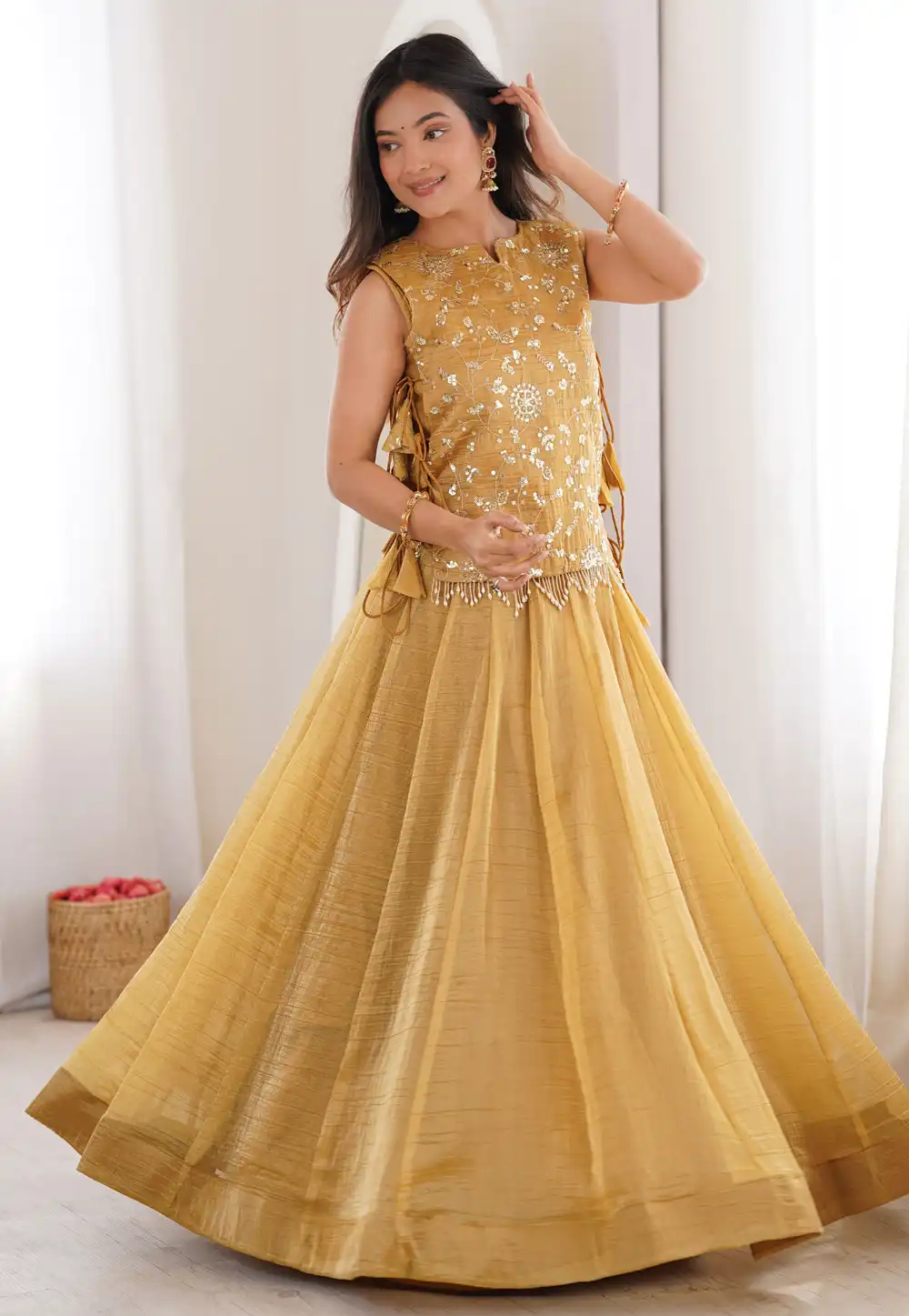 Fawn Silk Readymade Indo Western Lehenga Choli 329796