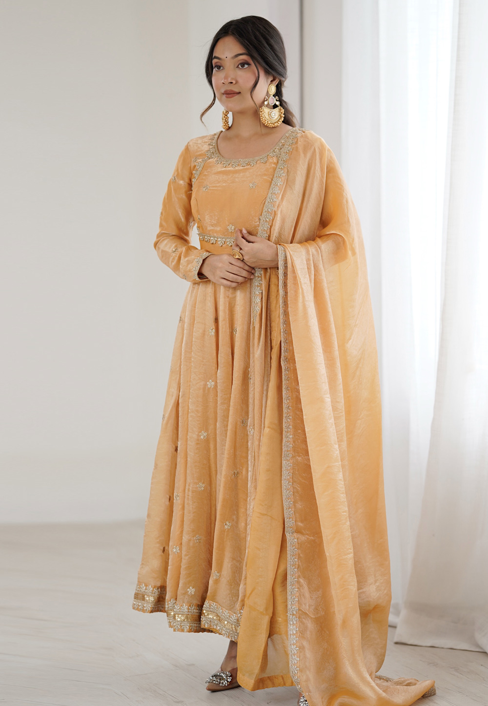 Fawn Silk Readymade Long Anarkali Suit 321925