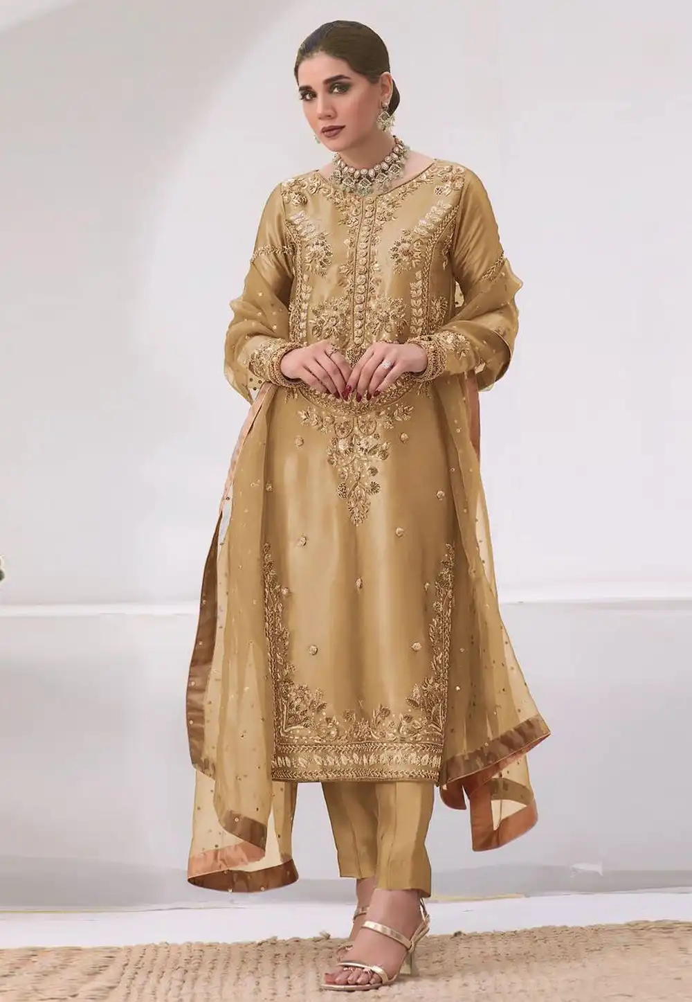 Fawn Silk Readymade Pakistani Suit 321882