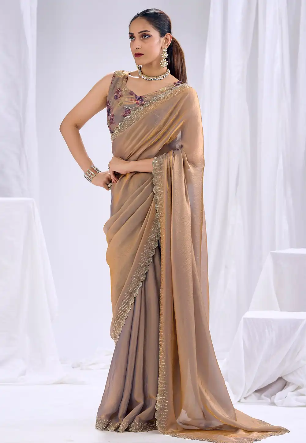 Fawn Silk Saree With Blouse 329655