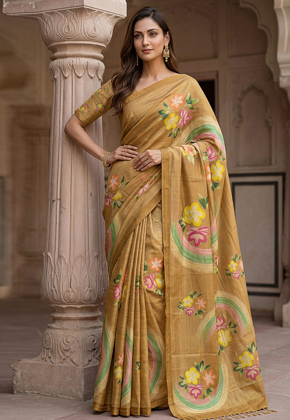 Fawn Silk Saree With Blouse 327491