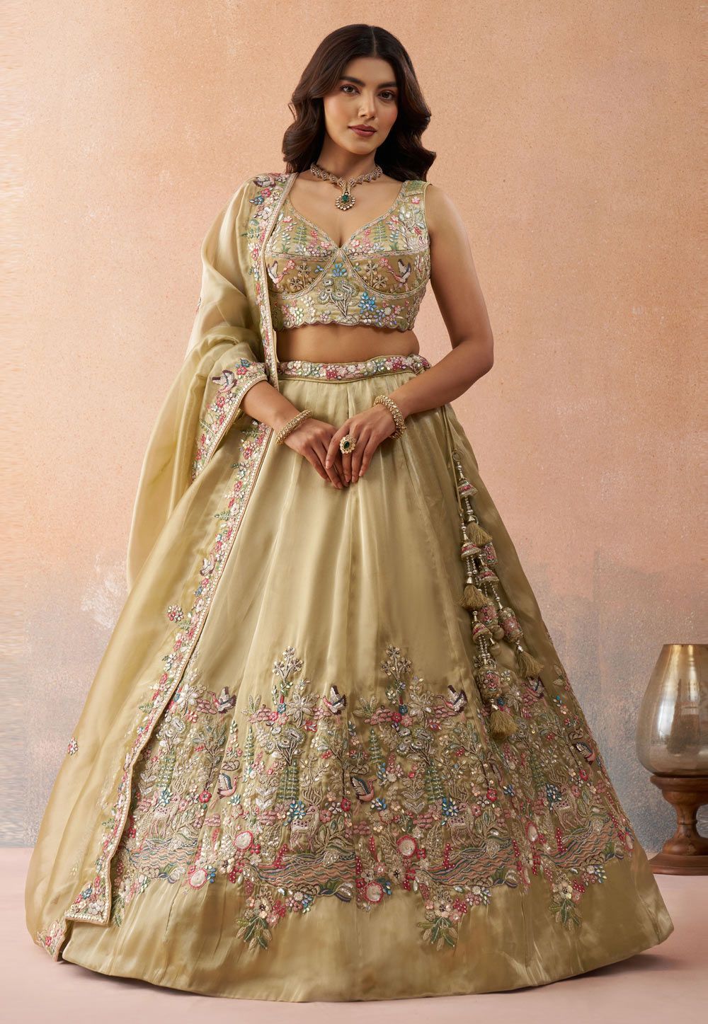Fawn Tissue Lehenga Choli For Wedding 328209