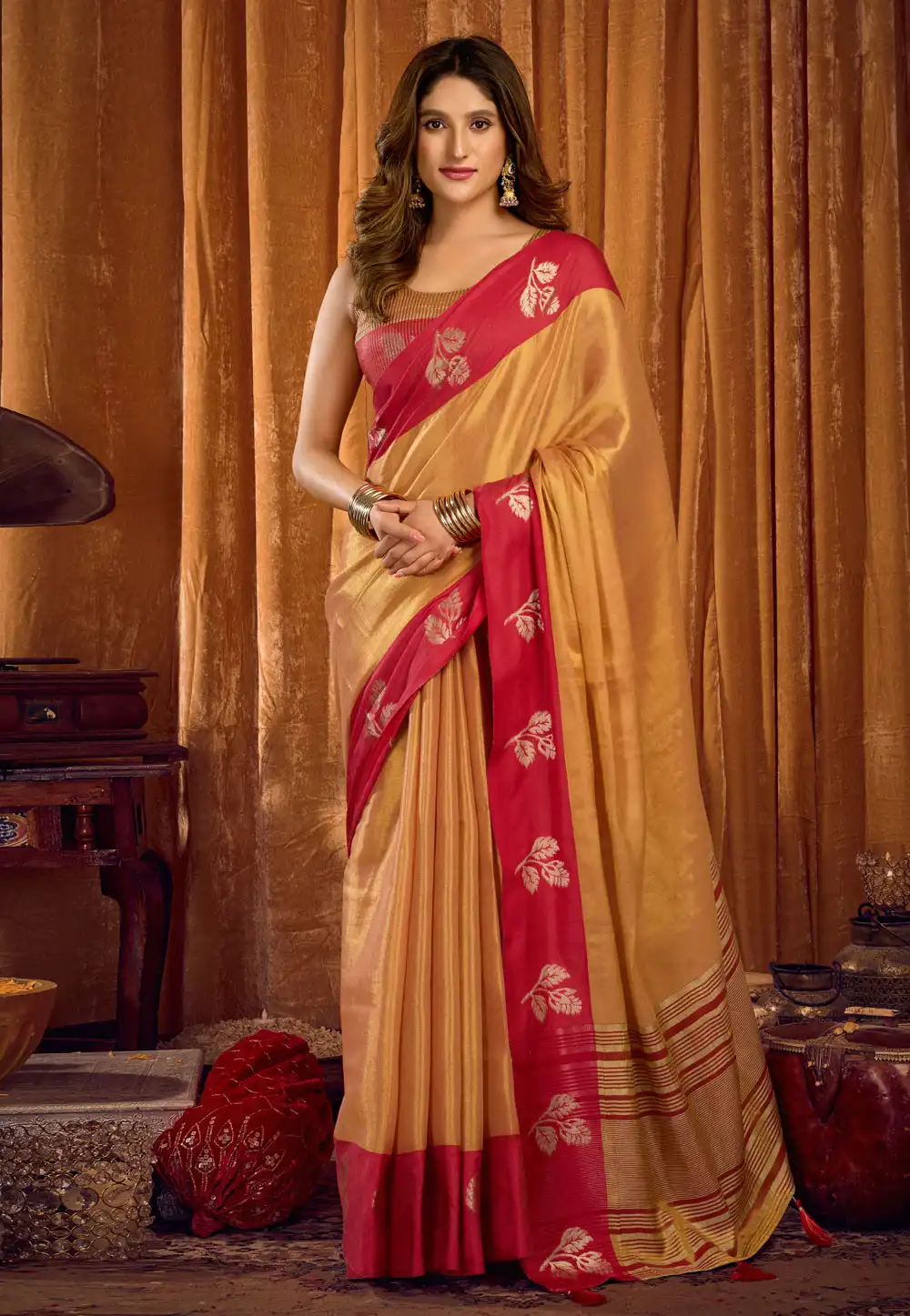 Fawn Tissue Saree With Blouse 321083