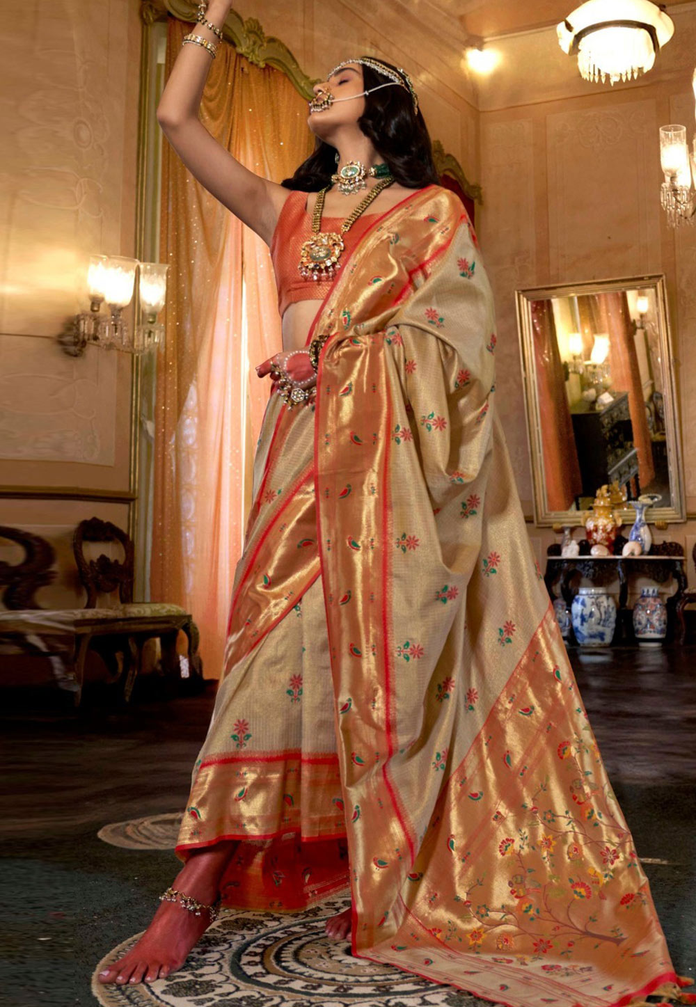 Fawn Tissue Silk Saree With Blouse 324366