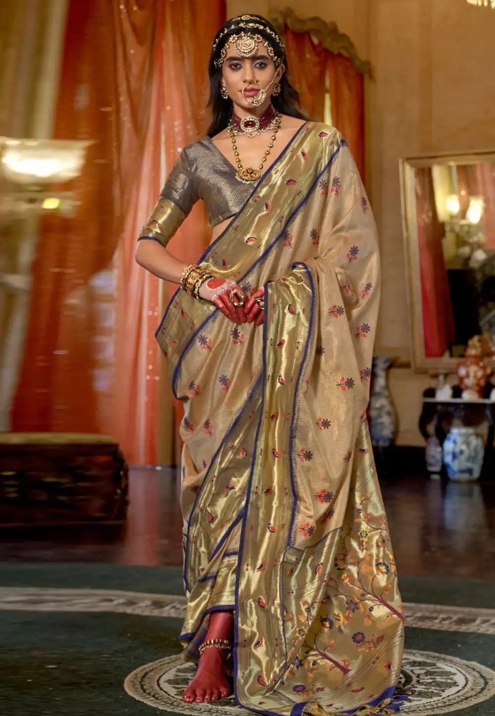 Fawn Tissue Silk Saree With Blouse 324368