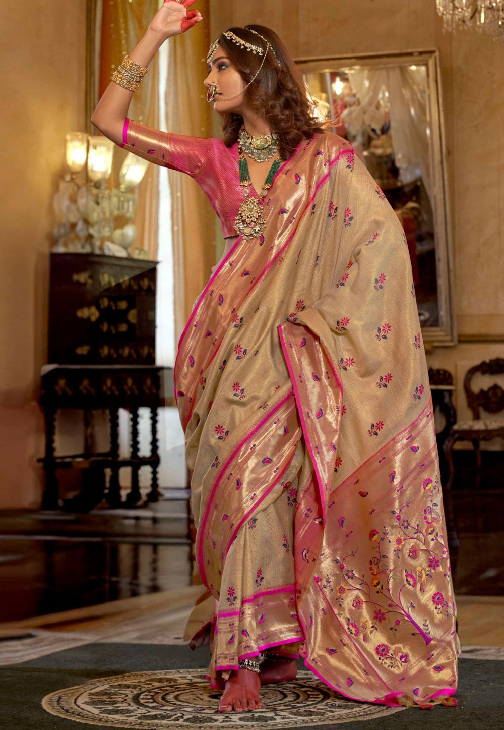 Fawn Tissue Silk Saree With Blouse 324369