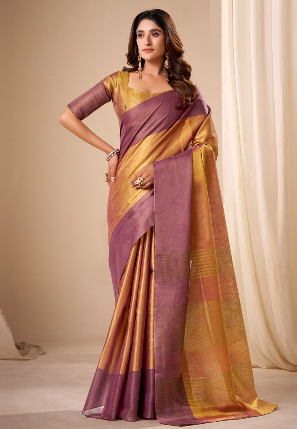 Fawn Tissue Silk Saree With Blouse 322149