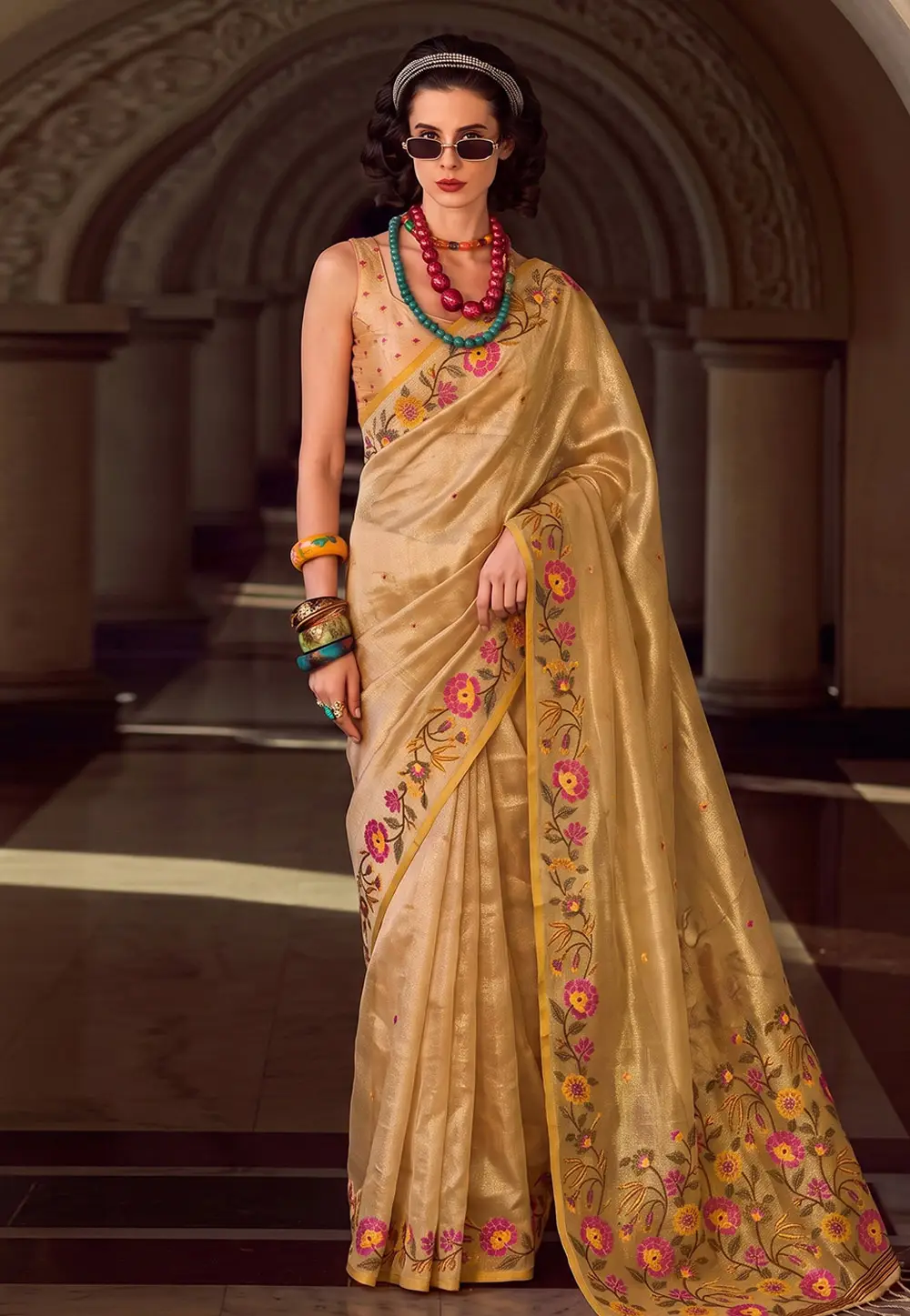 Fawn Tissue Silk Saree With Blouse 333125
