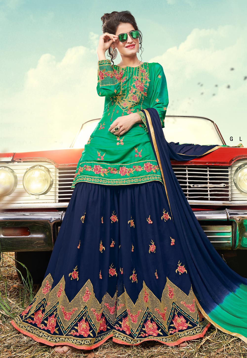 Green Satin Sharara Suit 199298