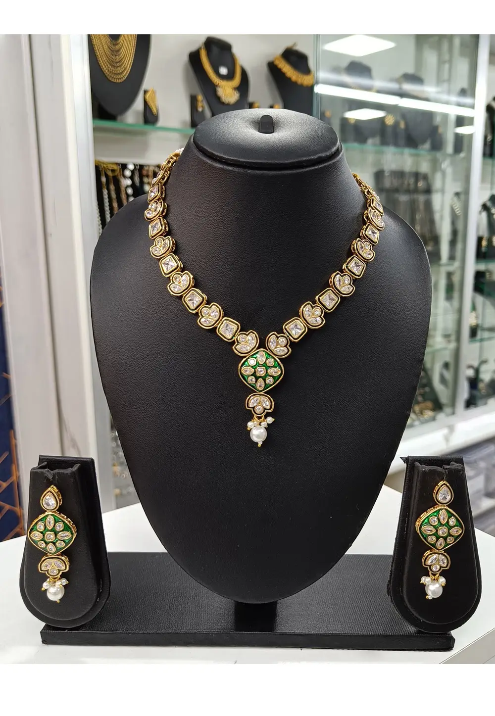 Golden Alloy Necklace With Earrings 330959
