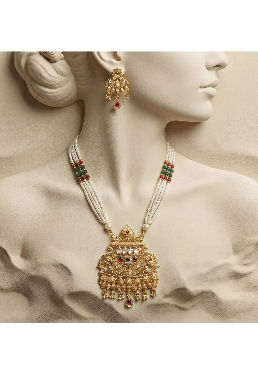 Golden Alloy Necklace With Earrings 333095