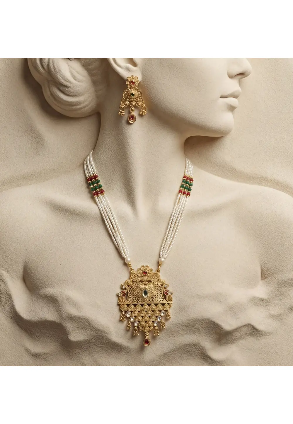 Golden Alloy Necklace With Earrings 333096