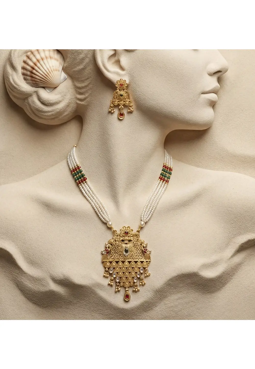Golden Alloy Necklace With Earrings 333097