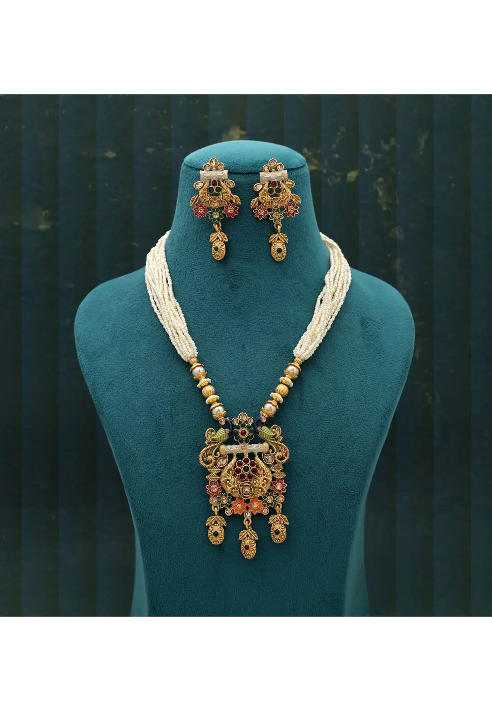 Golden Alloy Necklace With Earrings 335130