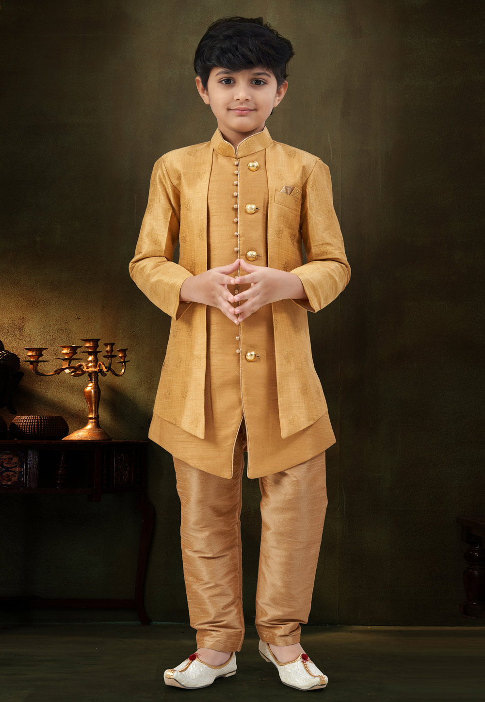 Golden Banarasi Jacquard Kids Indo Western Suit 324269
