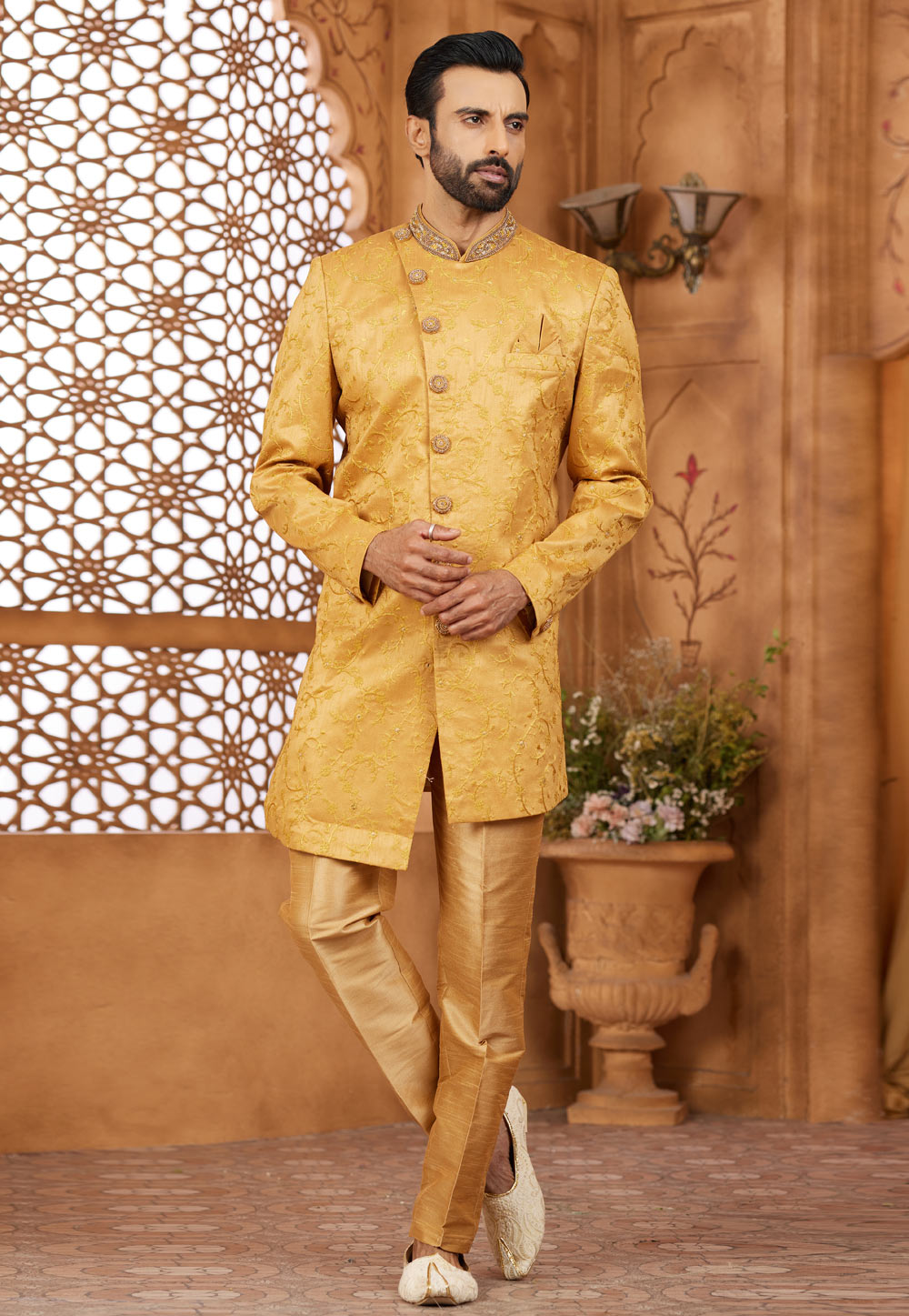 Golden Banarasi Silk Indo Western Sherwani 306701