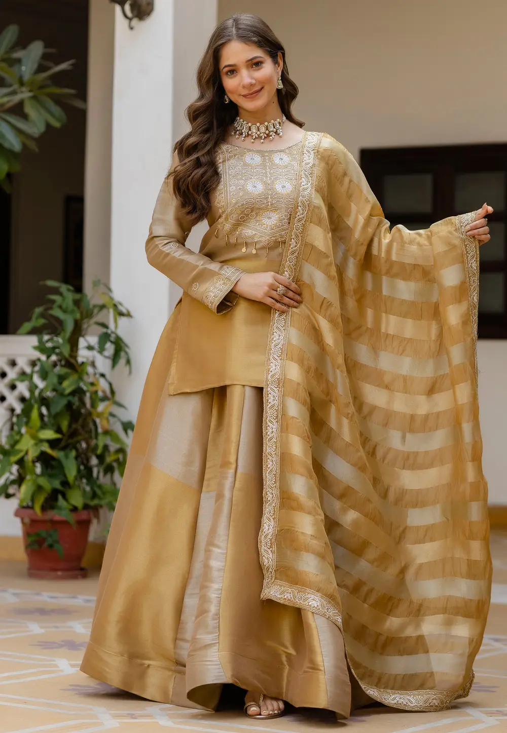 Golden Banarasi Silk Long Choli Lehenga 333354