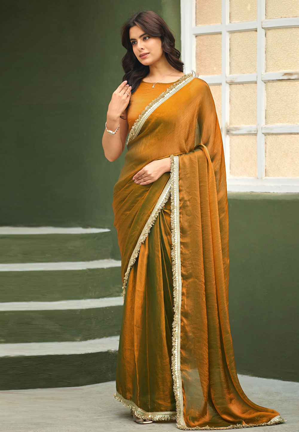 Golden Chiffon Lehenga Saree 327155
