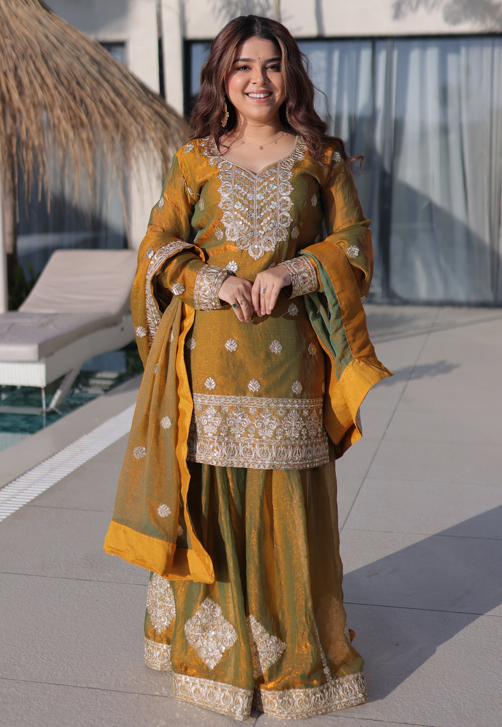 Golden Chiffon Readymade Palazzo Suit 325496