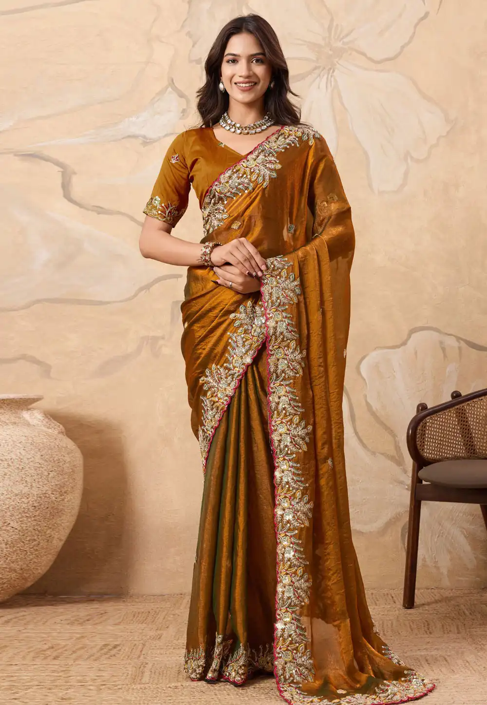 Golden Chiffon Saree With Blouse 319703