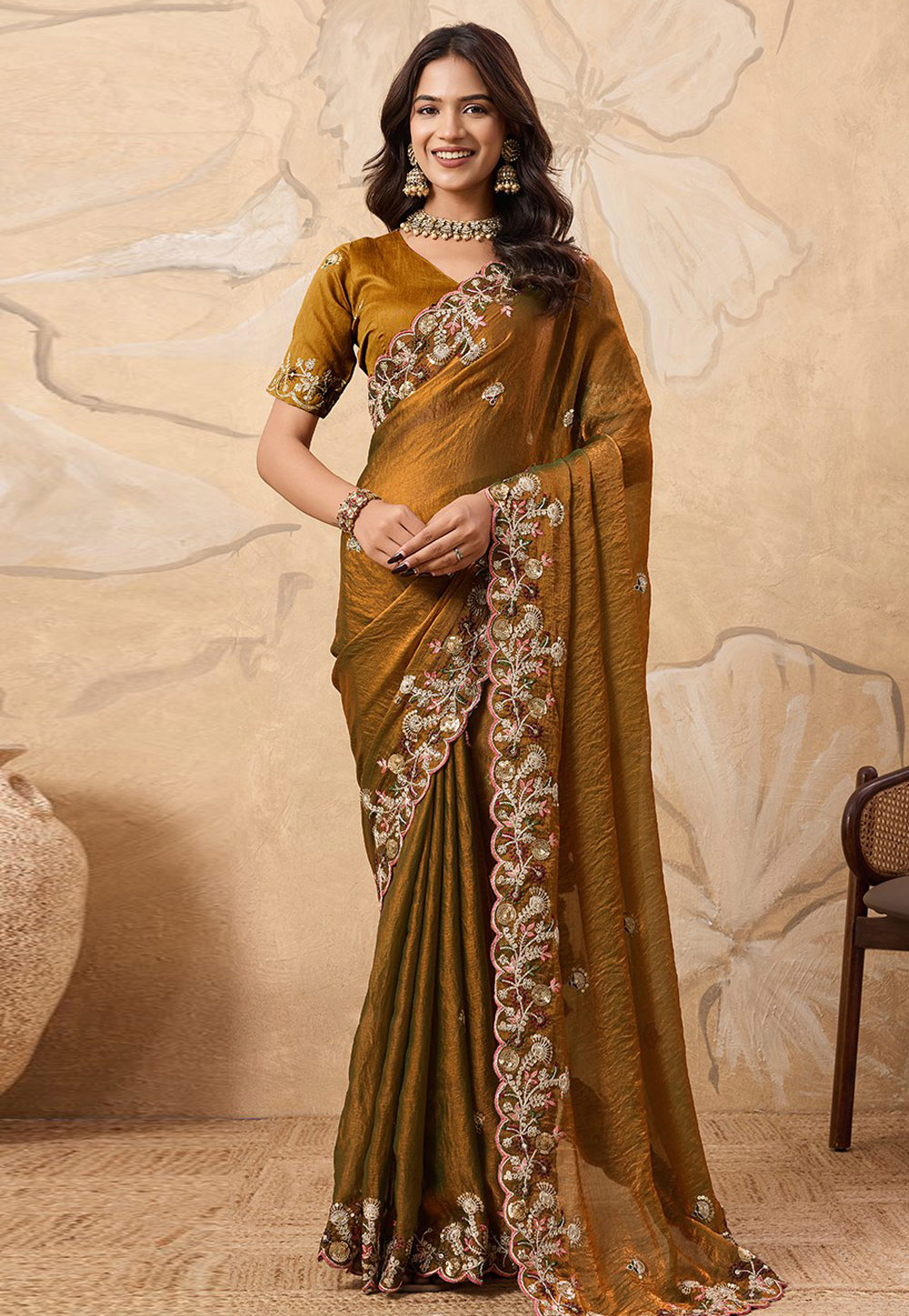 Golden Chiffon Saree With Blouse 319710
