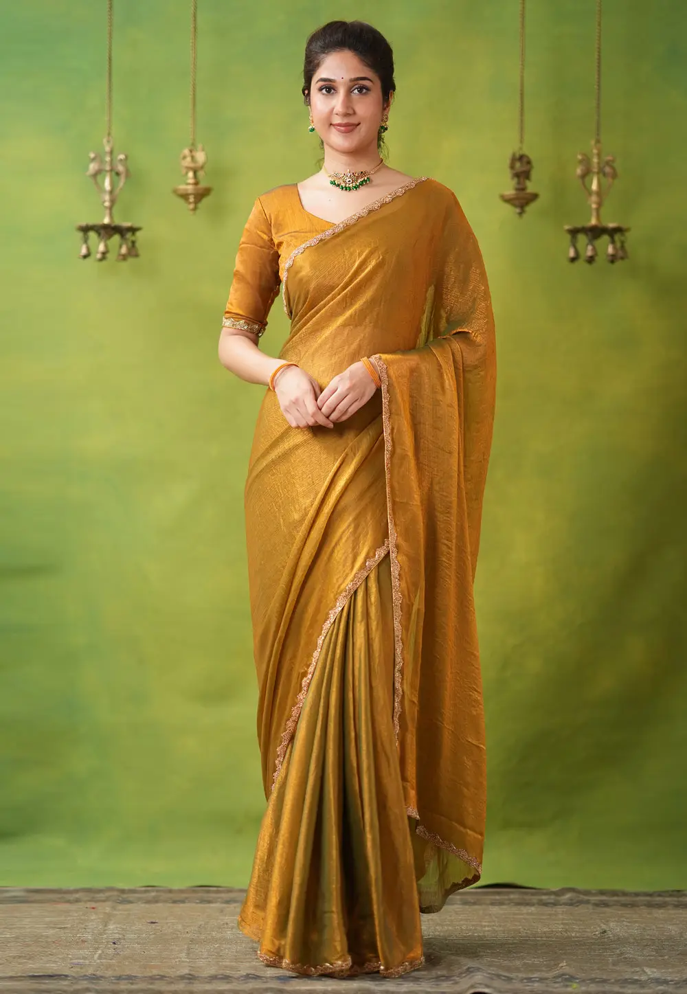 Golden Chiffon Saree With Blouse 332761