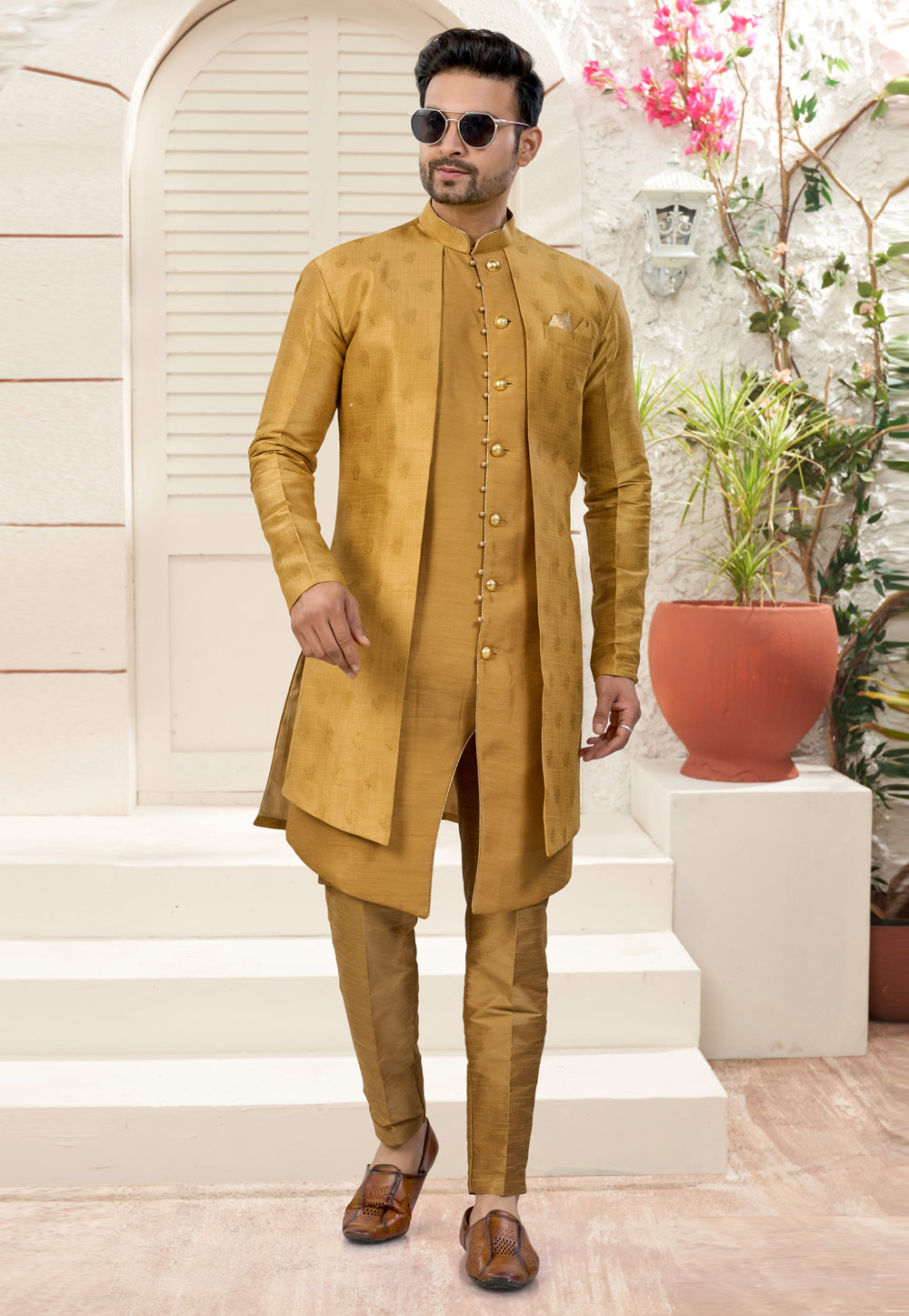 Golden Jacquard Indo Western Suit 324622