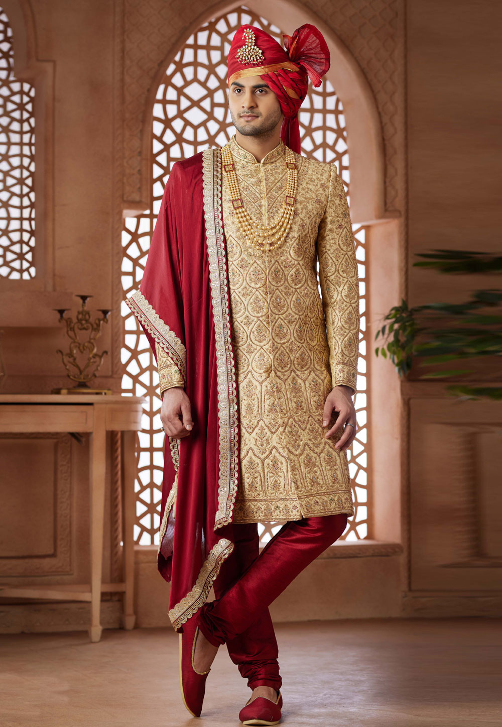 Golden Jacquard Sherwani 285806