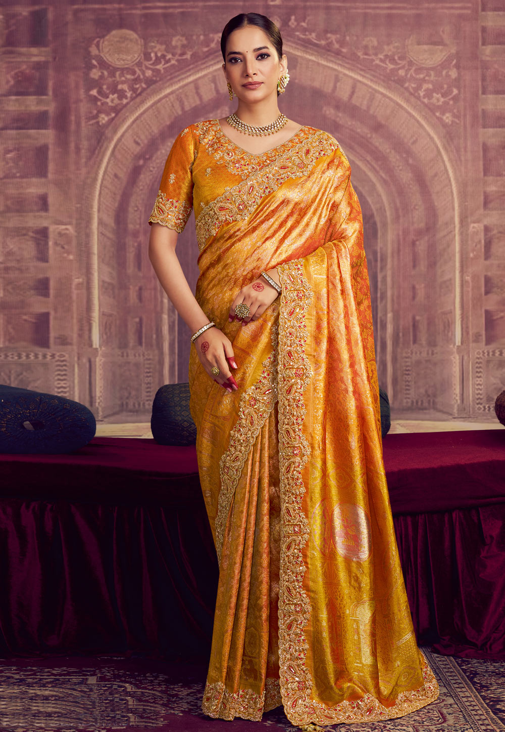 Golden Kanjivaram Silk Saree With Blouse 319498
