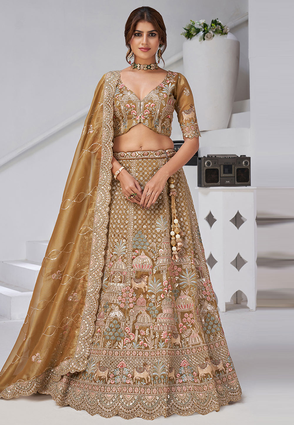 Golden Organza Lehenga Choli For Wedding 318877