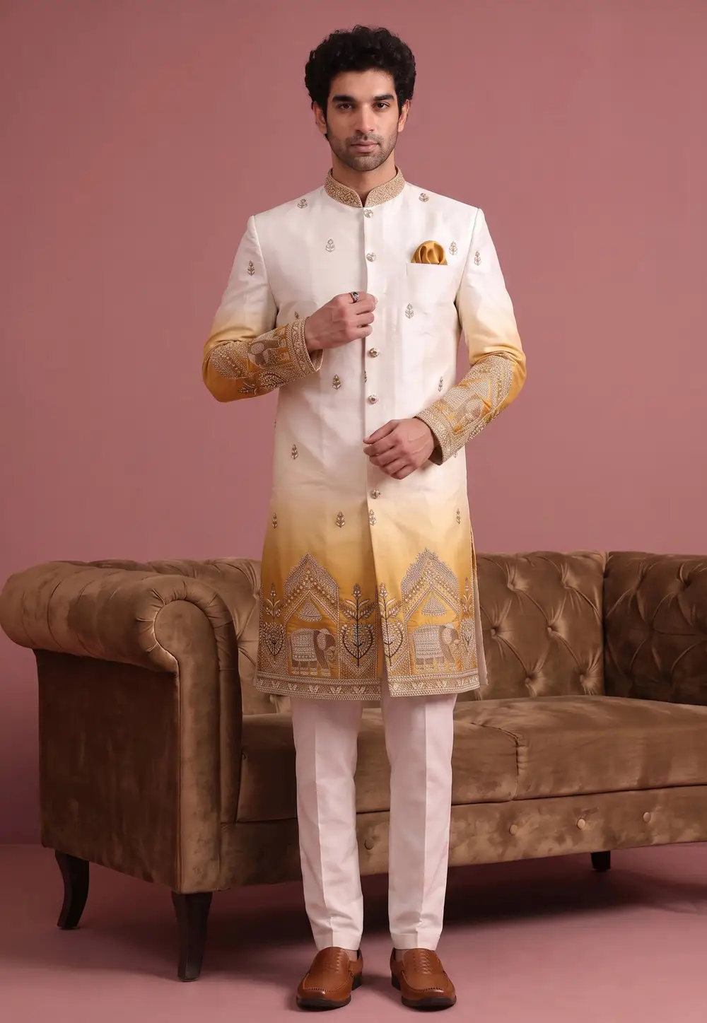 Golden Satin Indo Western Suit 333389