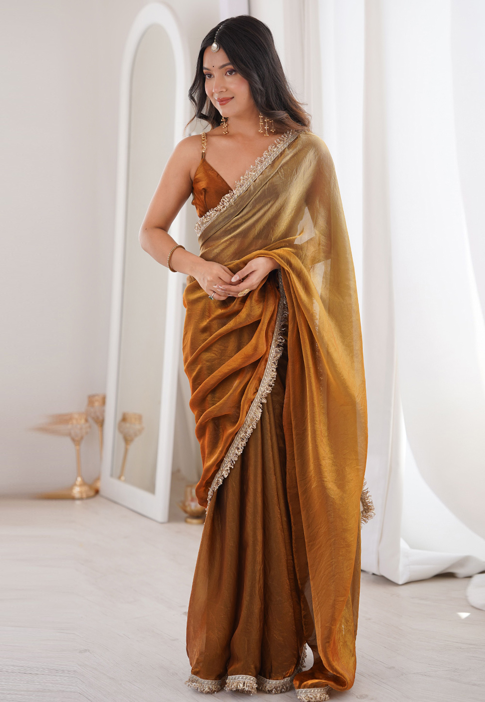 Golden Satin Saree With Blouse 328758