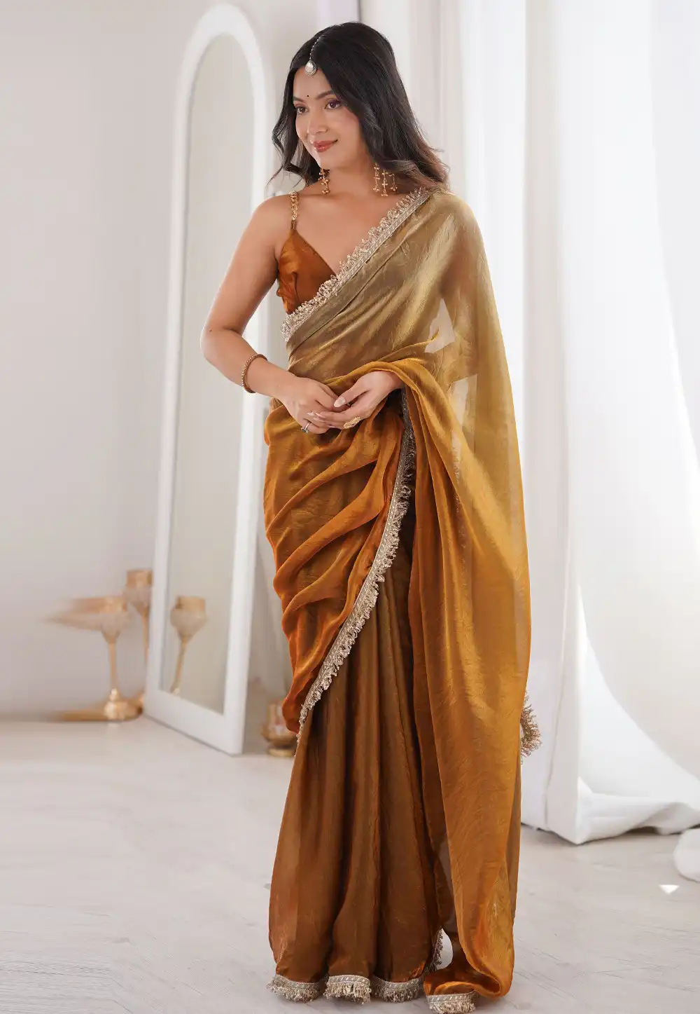 Golden Satin Saree With Blouse 328758