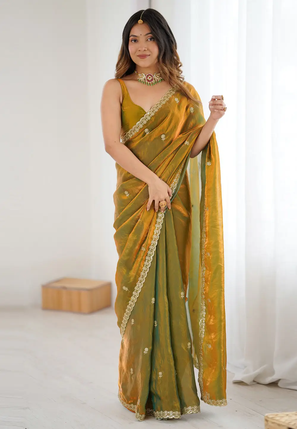 Golden Satin Saree With Blouse 332310