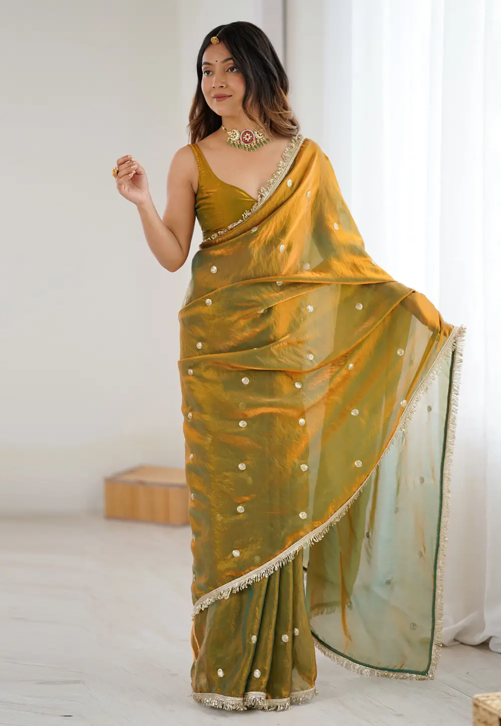 Golden Satin Saree With Blouse 334989