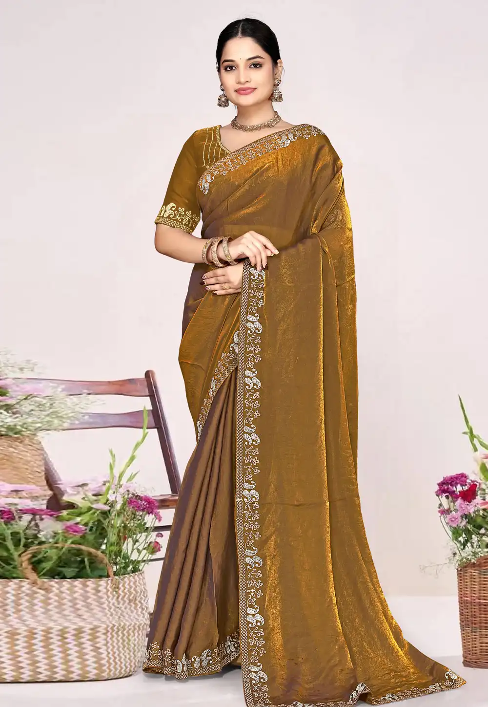 Golden Satin Silk Saree With Blouse 326872